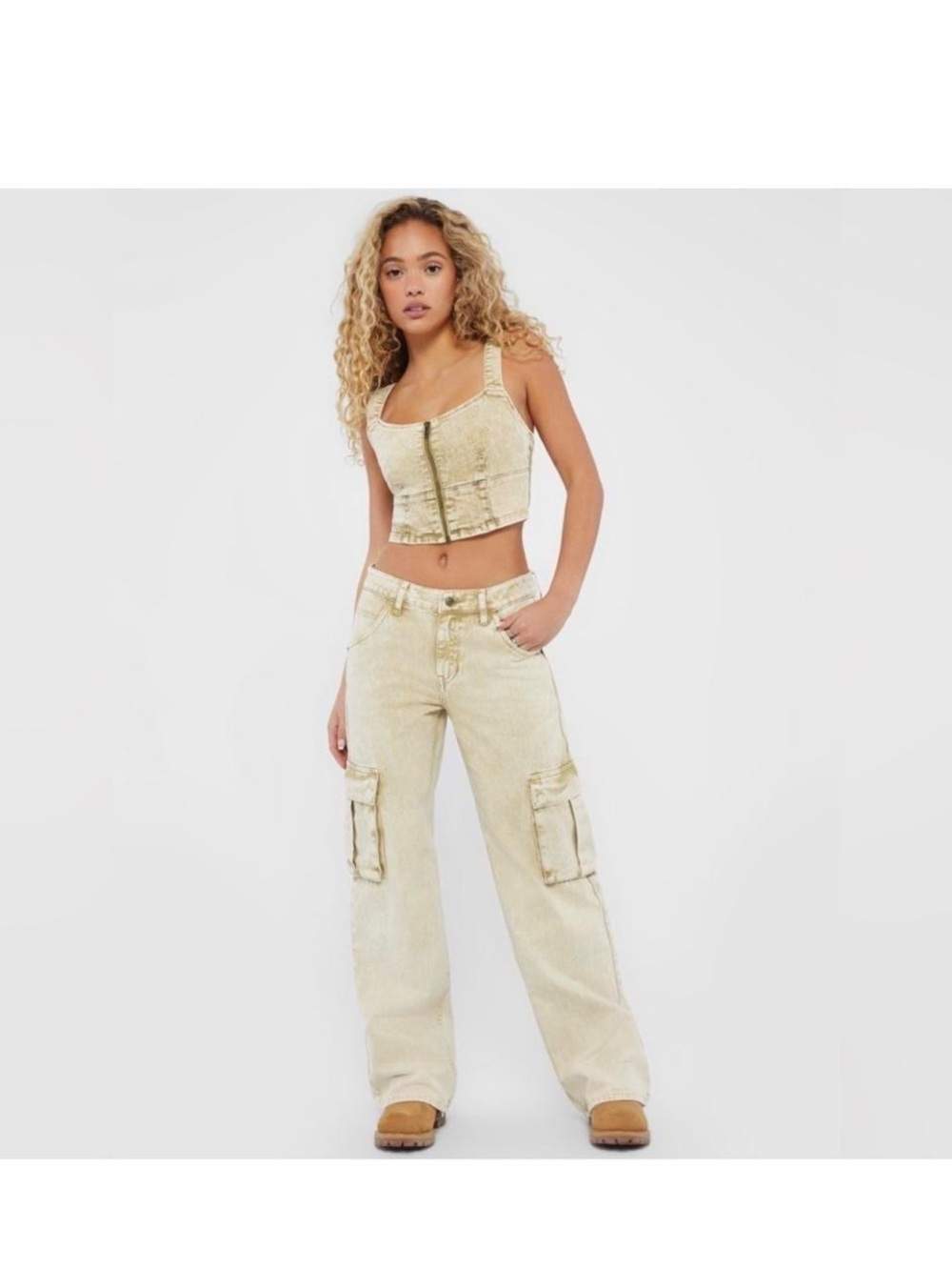 GUESS Acid Wash Cargo Jeans & Zip Front Denim Crop Set | Y2K Utility Co-Ord